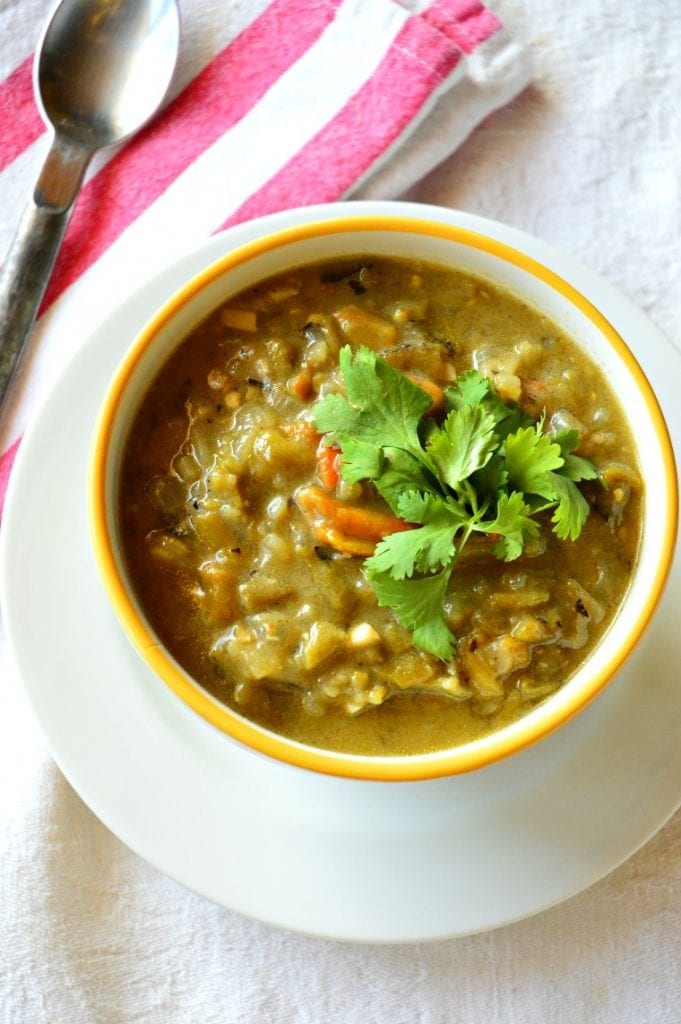 green chile in yellow rimmed bowl