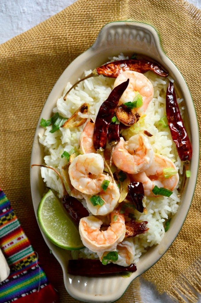 Mexican Garlic Lime Shrimp in casserole dish with rice