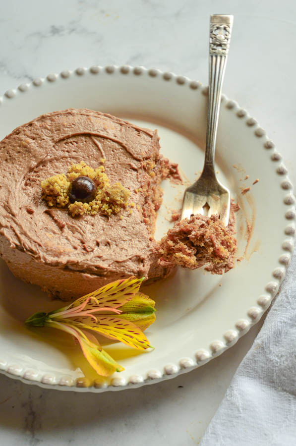 ilse's passove sponge nut cake on white plate with bite on fork