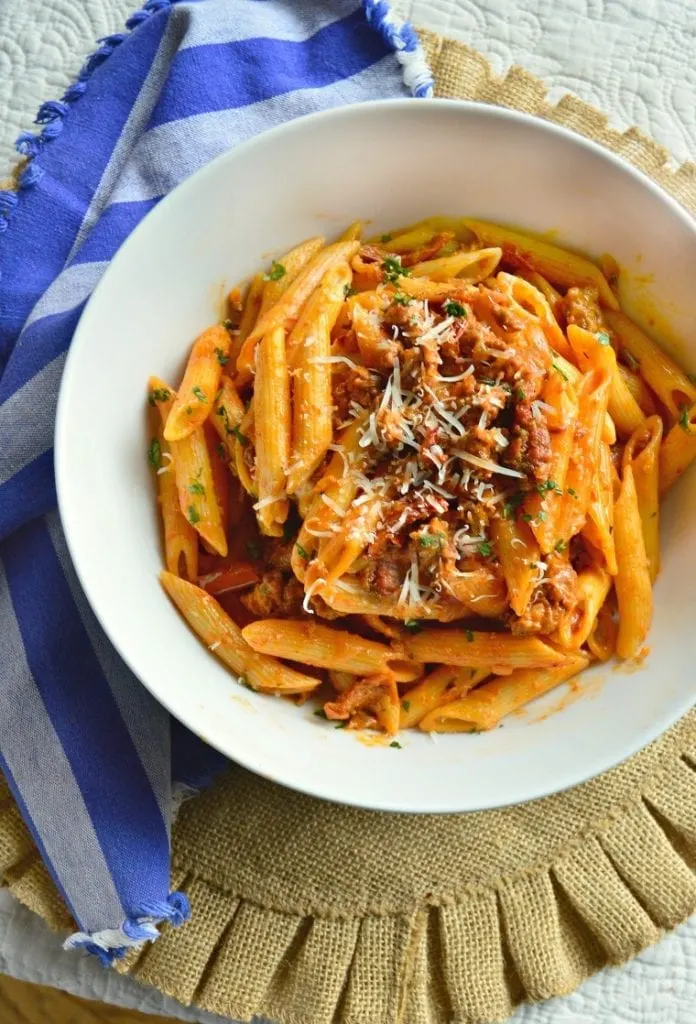 Ziti Al Fresco with Italian Sausage, Sun dried Tomatoes and Cream