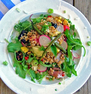 farro salad on white plate