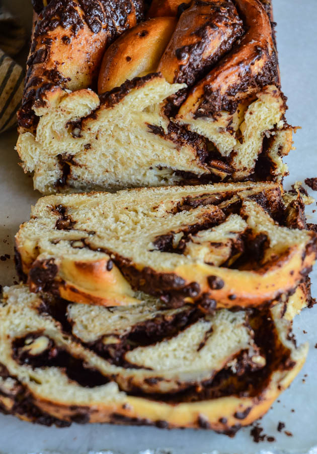 chocolate babka krantz cake close up and sliced
