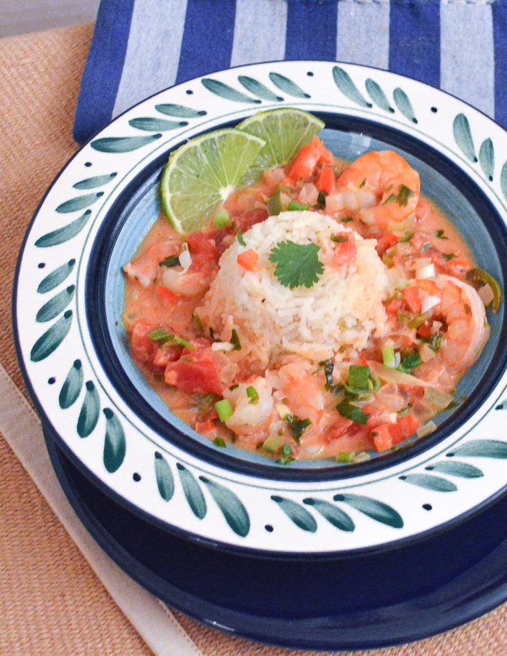 Brazilian Shrimp Stew in Blue and Green Bowl