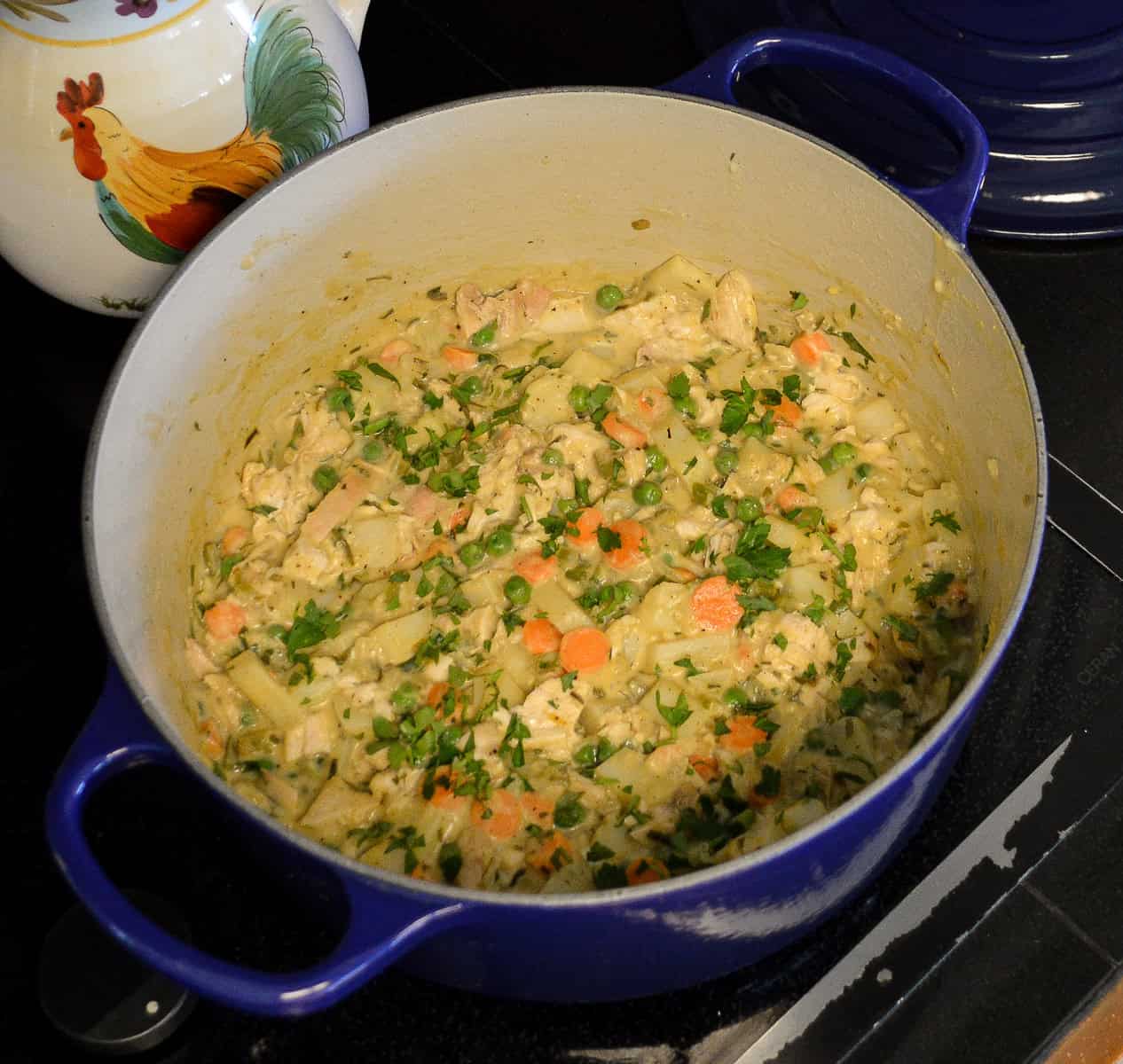chicken pot pie filling in Dutch oven