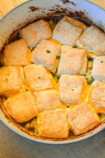 hoemmade chicken pot pie with bisccuits in Dutch oven