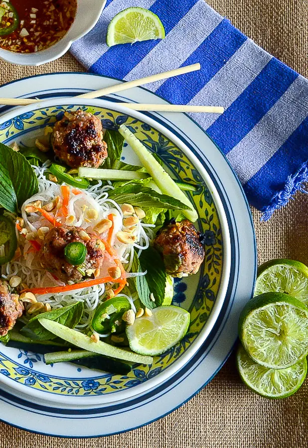 Vietnamese Noodle Bowl with meatballs