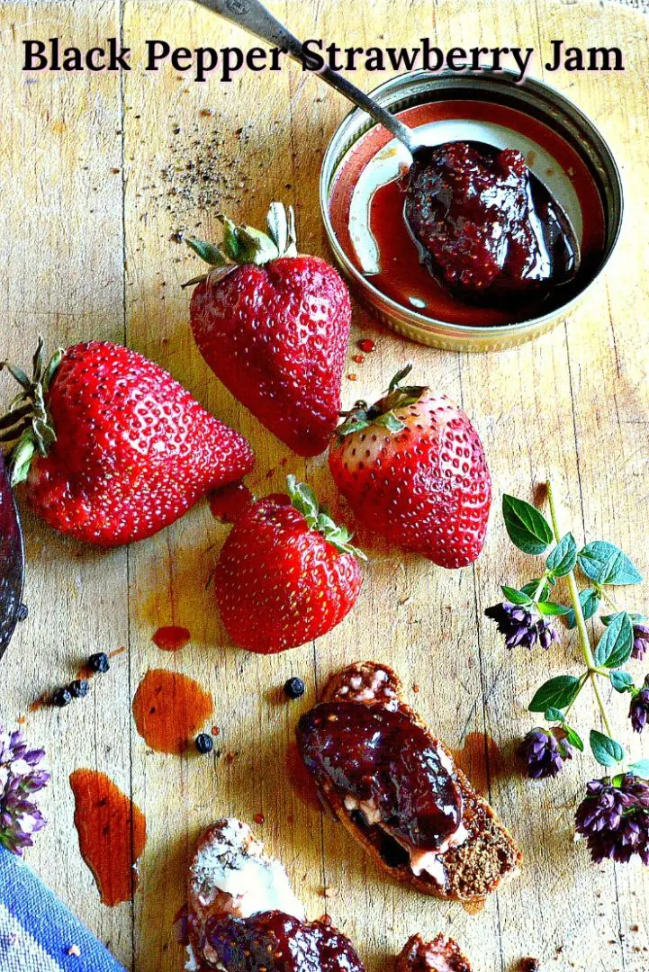 Black Pepper strawberry jam with strawberries and herbs