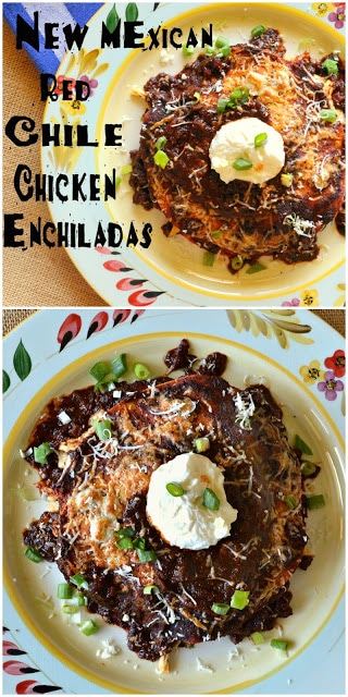 These are New Mexican red chile chicken enchiladas. Meant to be flat! Not rolled! Topped with killer red chile sauce, made from ancho chile powder. And the chicken? Easily made, it has countless uses. Perfect as a filling it can also be used for BBQ or on top of a salad. You need this in your fridge! #redchile #Mexicanfood #NewMexicanfood #chicken www.thisishowicook.com