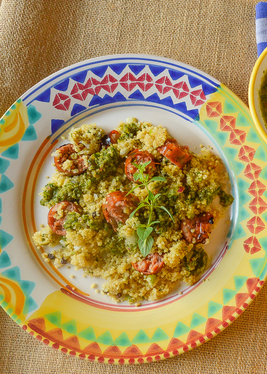 Quinoa and Sausage with Chimichurri on decorative yellow and blue plate