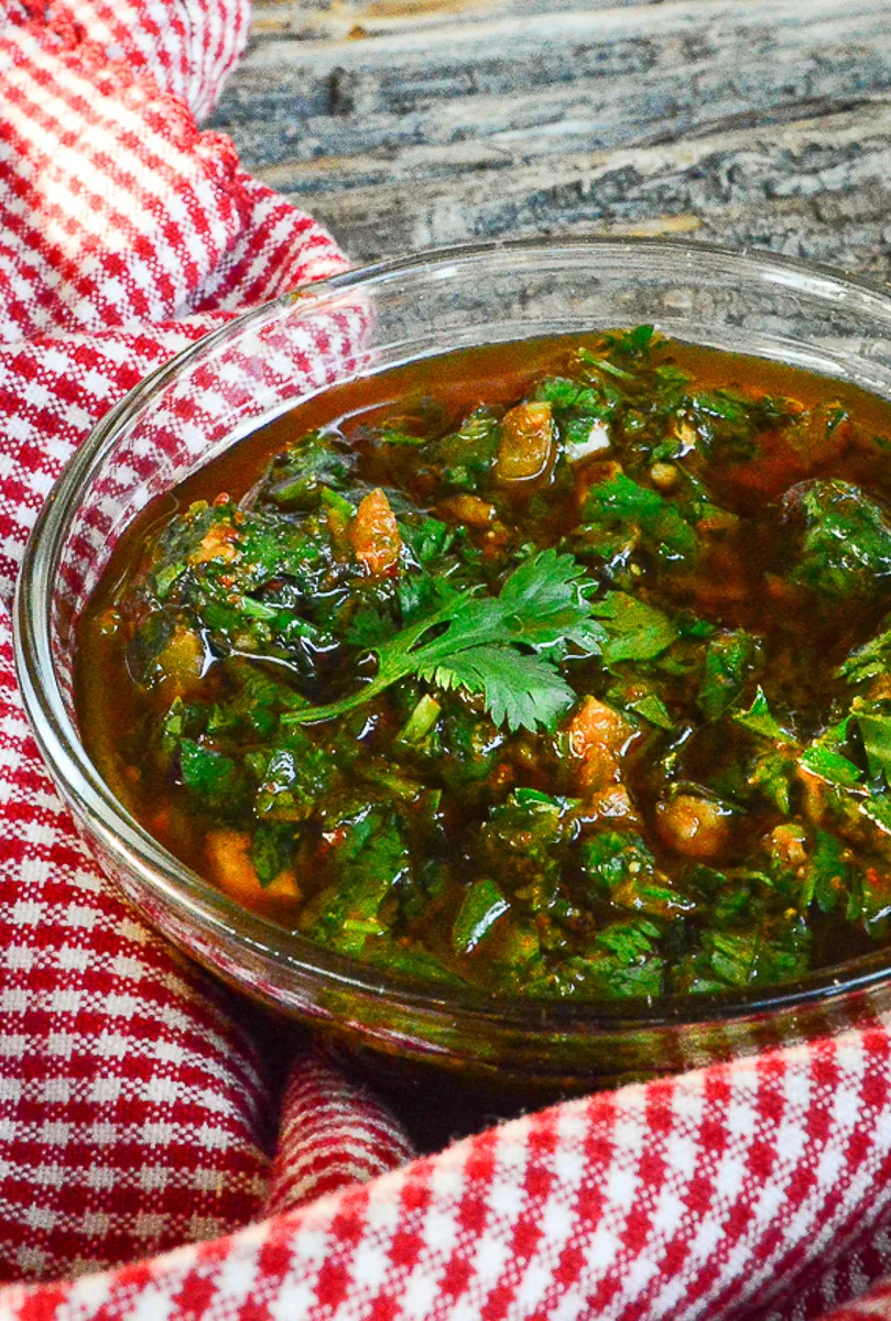 Cilantro Chimichurri Sauce and red checked napkin