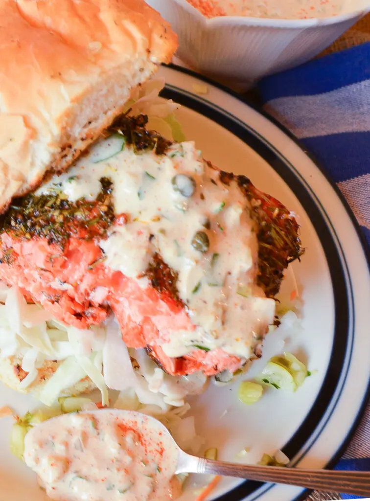 remoulade sauce over salmon