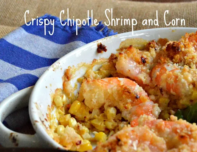 This chipotle shrimp is as easy as mixing a little mayo with chipotle and corn and then topping with shrimp. It is so good and perfect with fresh or canned corn! #corn #shrimp #chipotles www.thisishowicook.com