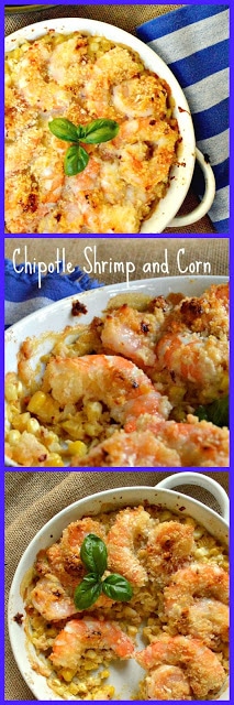 This chipotle shrimp is as easy as mixing a little mayo with chipotle and corn and then topping with shrimp. It is so good and perfect with fresh or canned corn! #corn #shrimp #chipotles www.thisishowicook.com