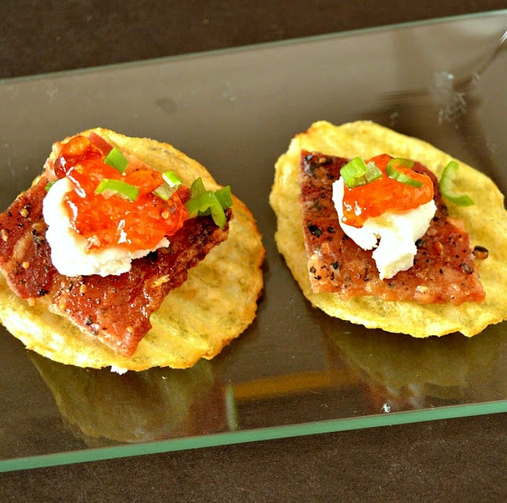 Potato Chip, Goat Cheese, Red Chile jam and Bacon appetizer