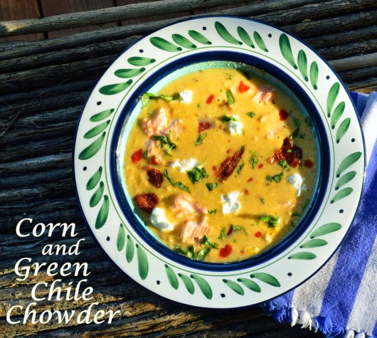 This green chile, corn and salmon chowder is made in a flash. Garnish with goat's cheese and bacon. This is good! #chowder #greenchile #soup #smokedsalmon www.thisishowicook.com