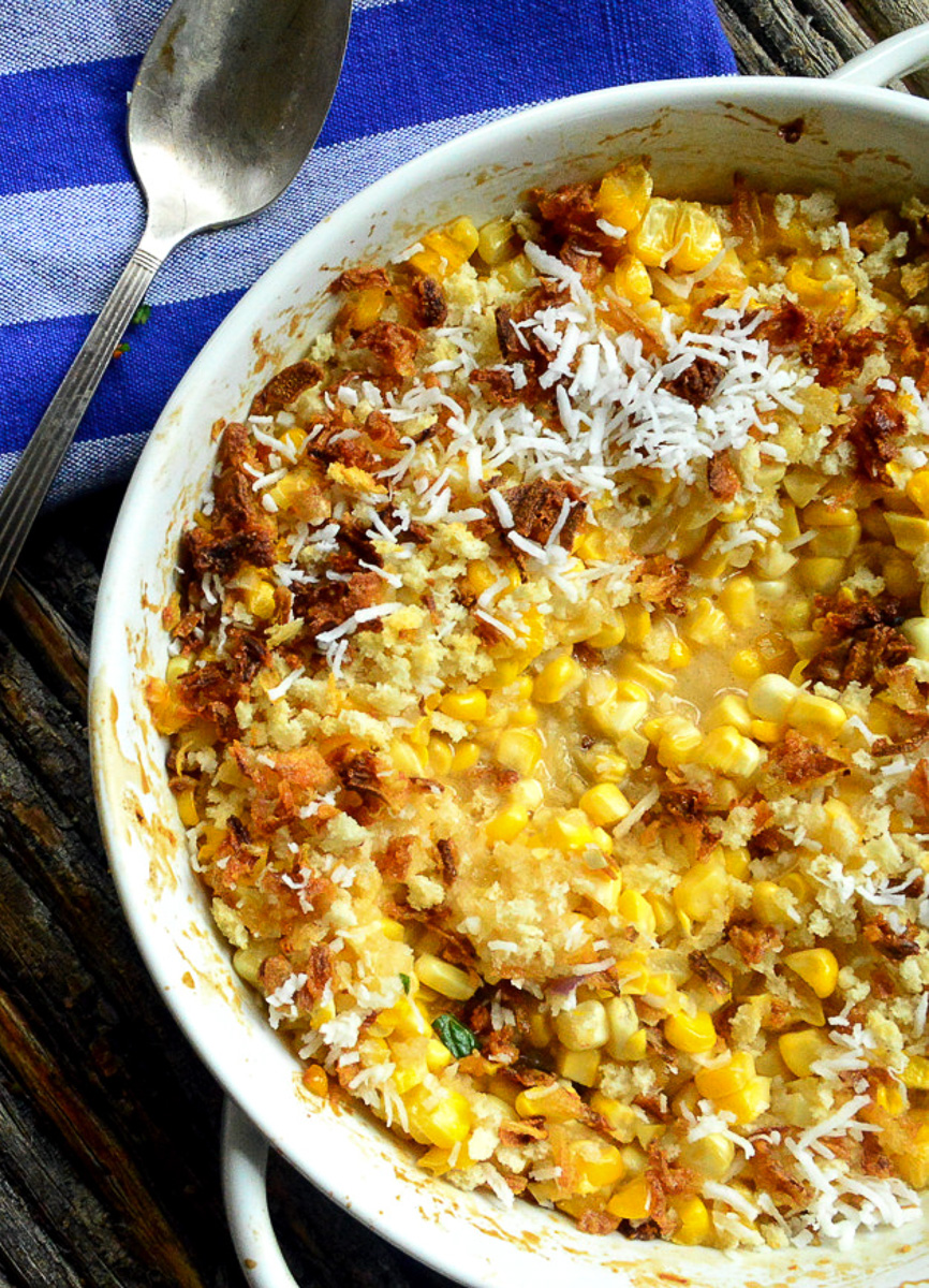 Coconut Baked Corn/Spoon,white dish/ blue napkin