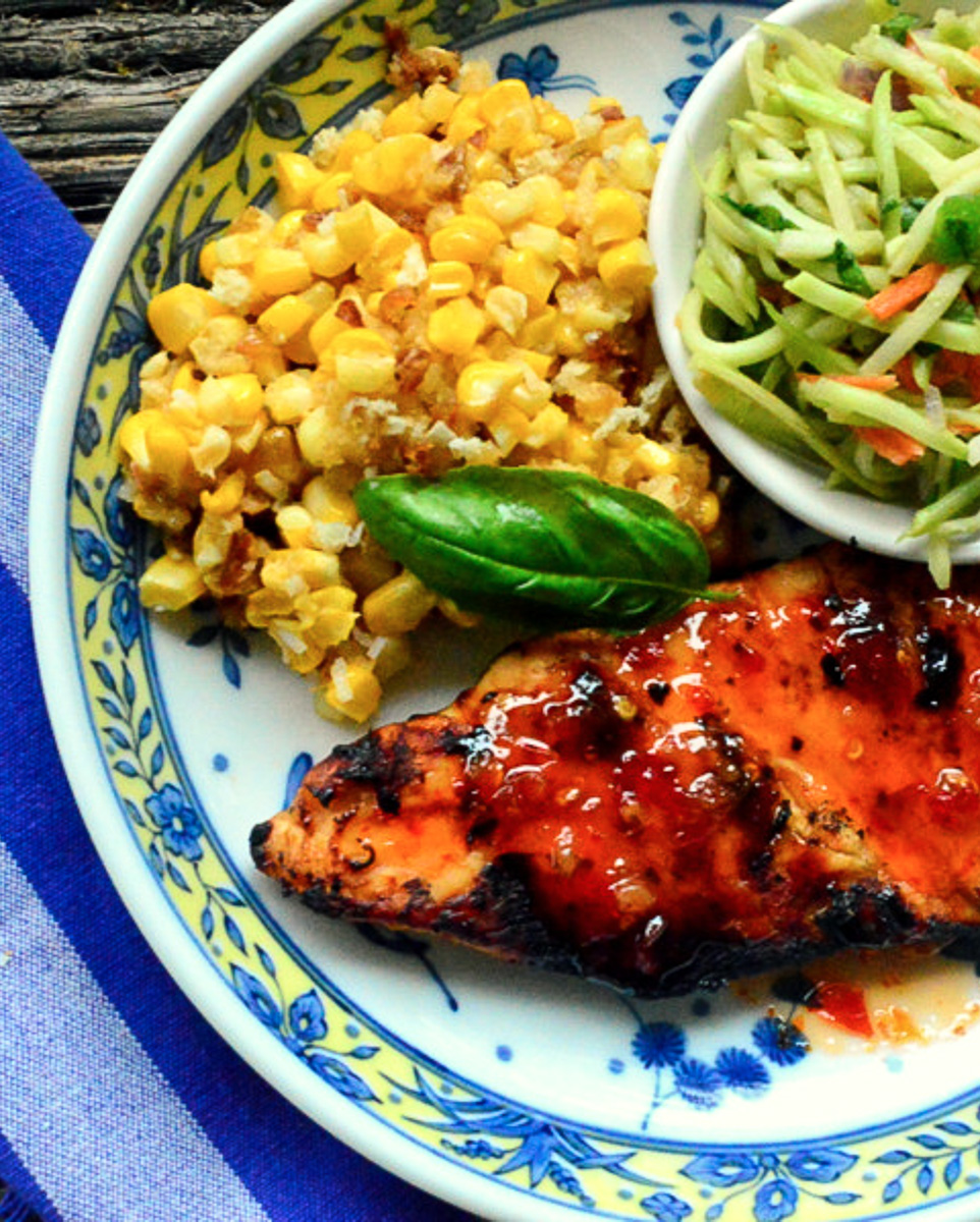 Coconut Lime Chicken BBQ plate/corn/slaw