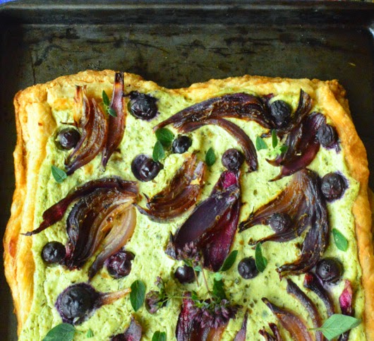 Red Onion, blueberry Pesto Tart