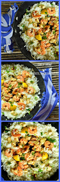 skillet, shrimp, rice, lemon, cheese