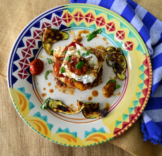 Caprese Grilled Chicken with Burrata on Quinoa Cakes