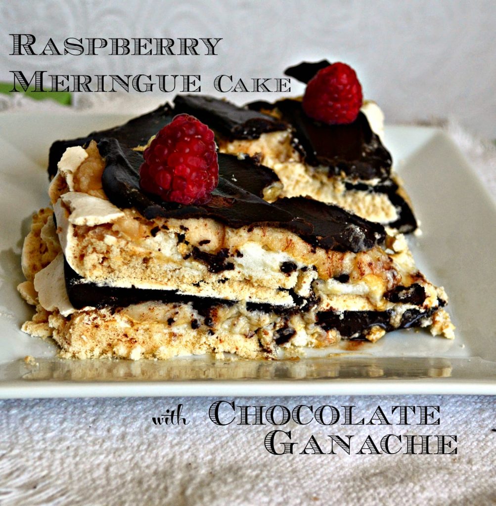 This Raspberry Meringue Cake with chocolate ganache is as simple as it gets. Really. And it's a showstopper and oh so delicious. Perfect for Passover or Easter or anytime you need an impressive dessert. #meringue #cake #Chocolate #dessert www.thisishowicook.com Raspberry Meringue Cake with chocolate ganache