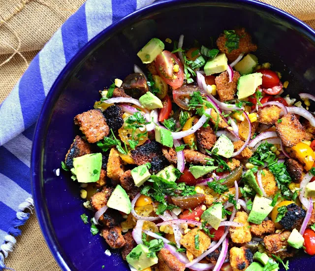 Grilled Cornbread and Panzanella Salad with Avocado and Corn