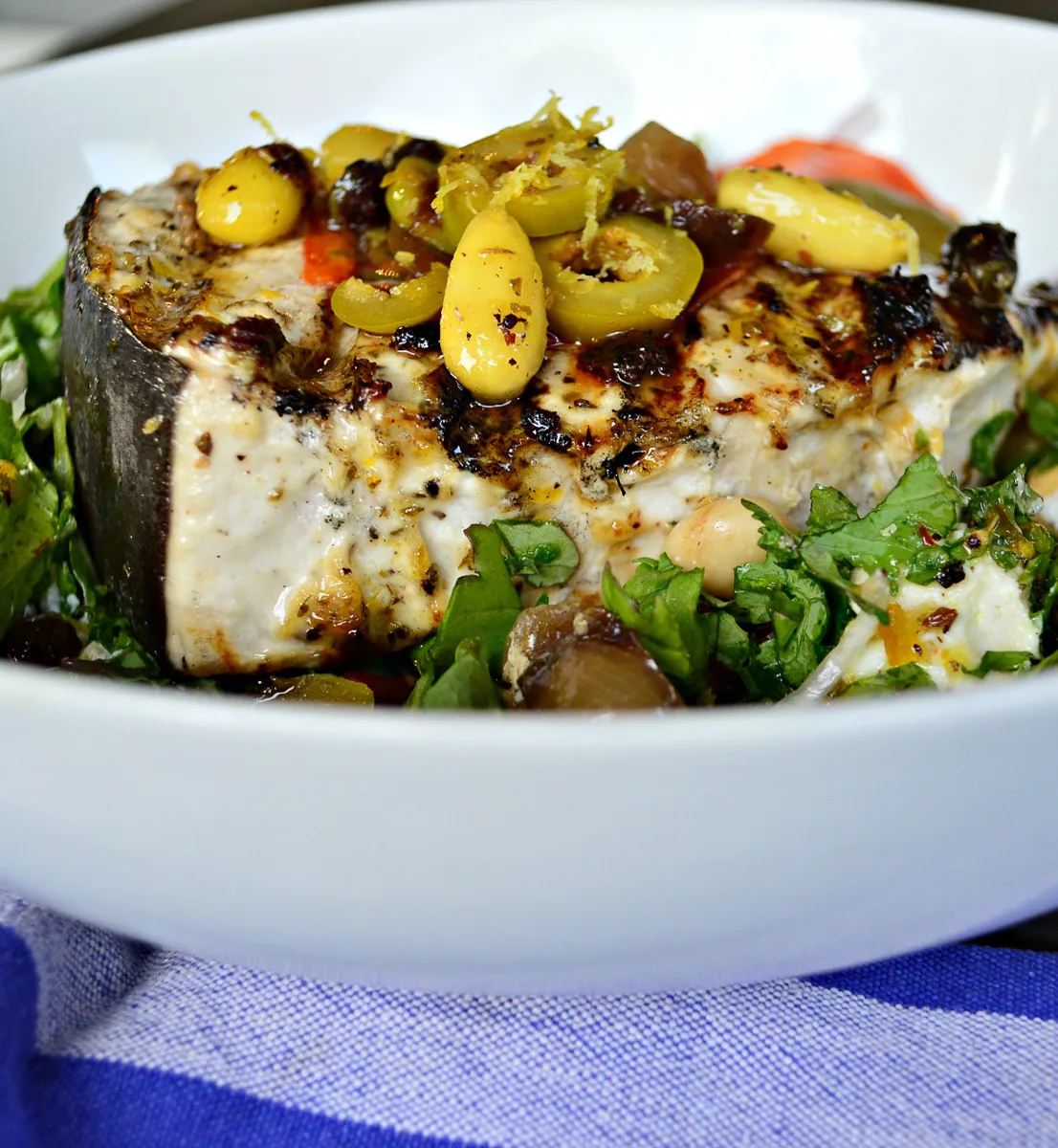 Grilled Swordfish with Olives/white bowl