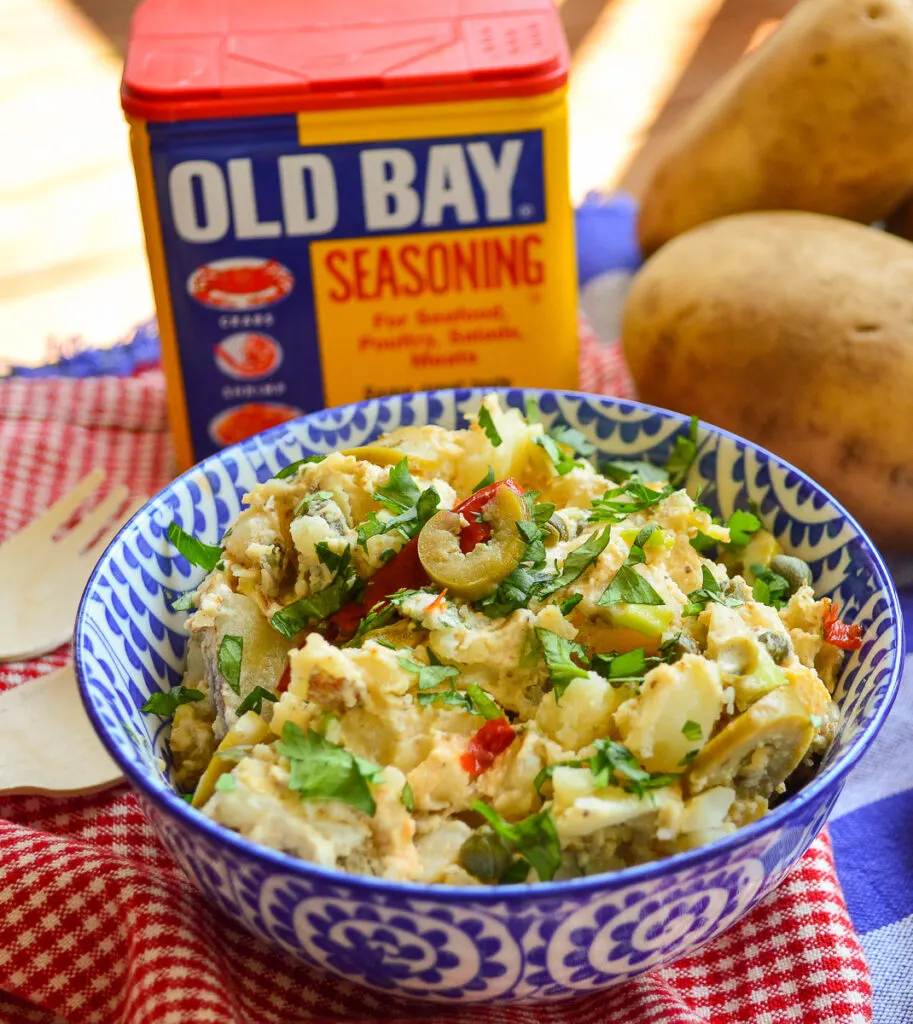 old bay potato salad/blue bowl/old bay pic