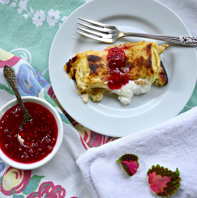 cheese blintz, raspberry jam