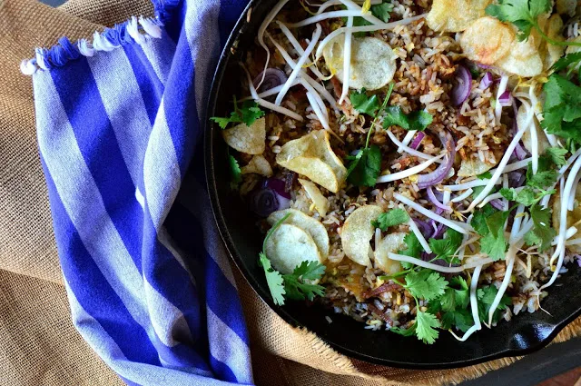 Fresh Fried Rice with jerky and potato chips is a new take on an old recipe. The best part is this is made with fresh rice and you don't need to make it ahead. Really, really good! www.thisishowicook #Chineserecipes #Fried Rice