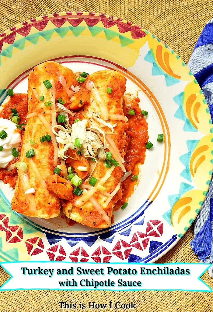 turkey and sweet potato enchiladas on colorful plate