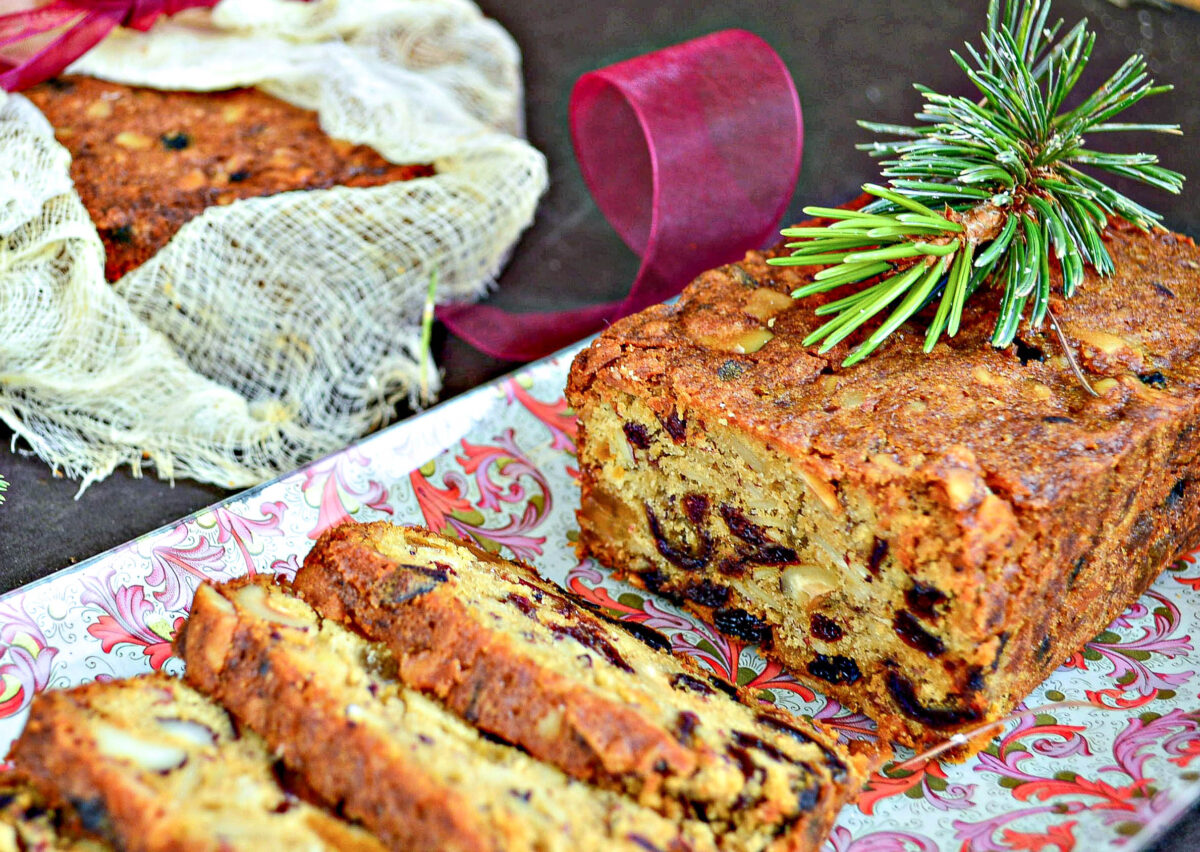 Rum Fruit Cake Recipe on decoupage plate
