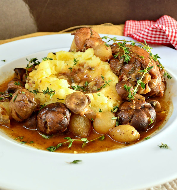 coq au vin with mashed potatoes in white bowl red check napkin