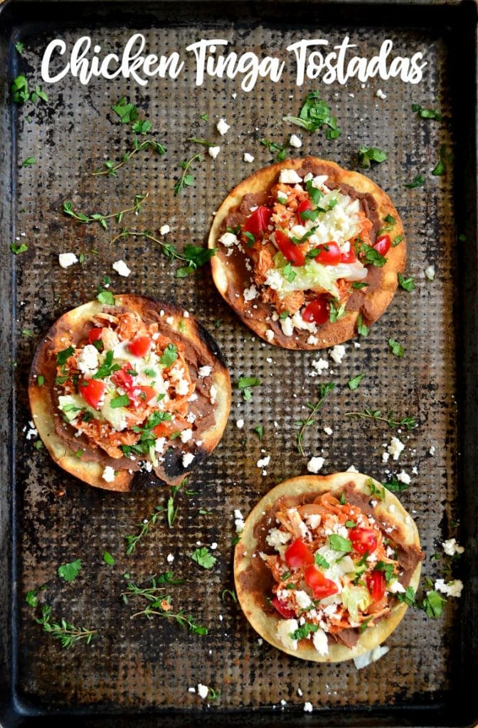 Chicken Tinga tostadas on sheet pan