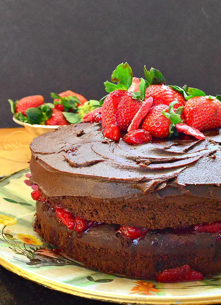Chocolate Red Wine Cake with Strawberry Filling on a Spring Plate