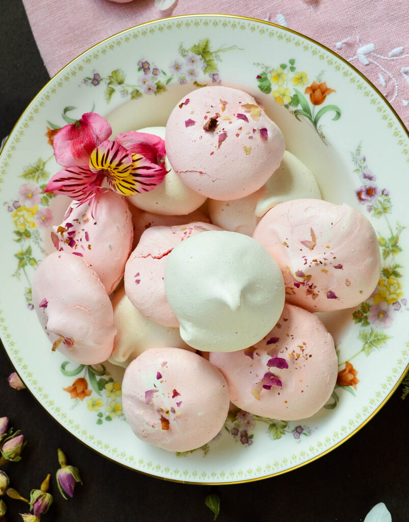 Pink and white Meringue Cookies without Cream of tartar on floral plate