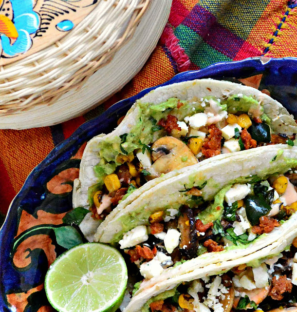 Corn, poblano and mushroom tacos with chorizo