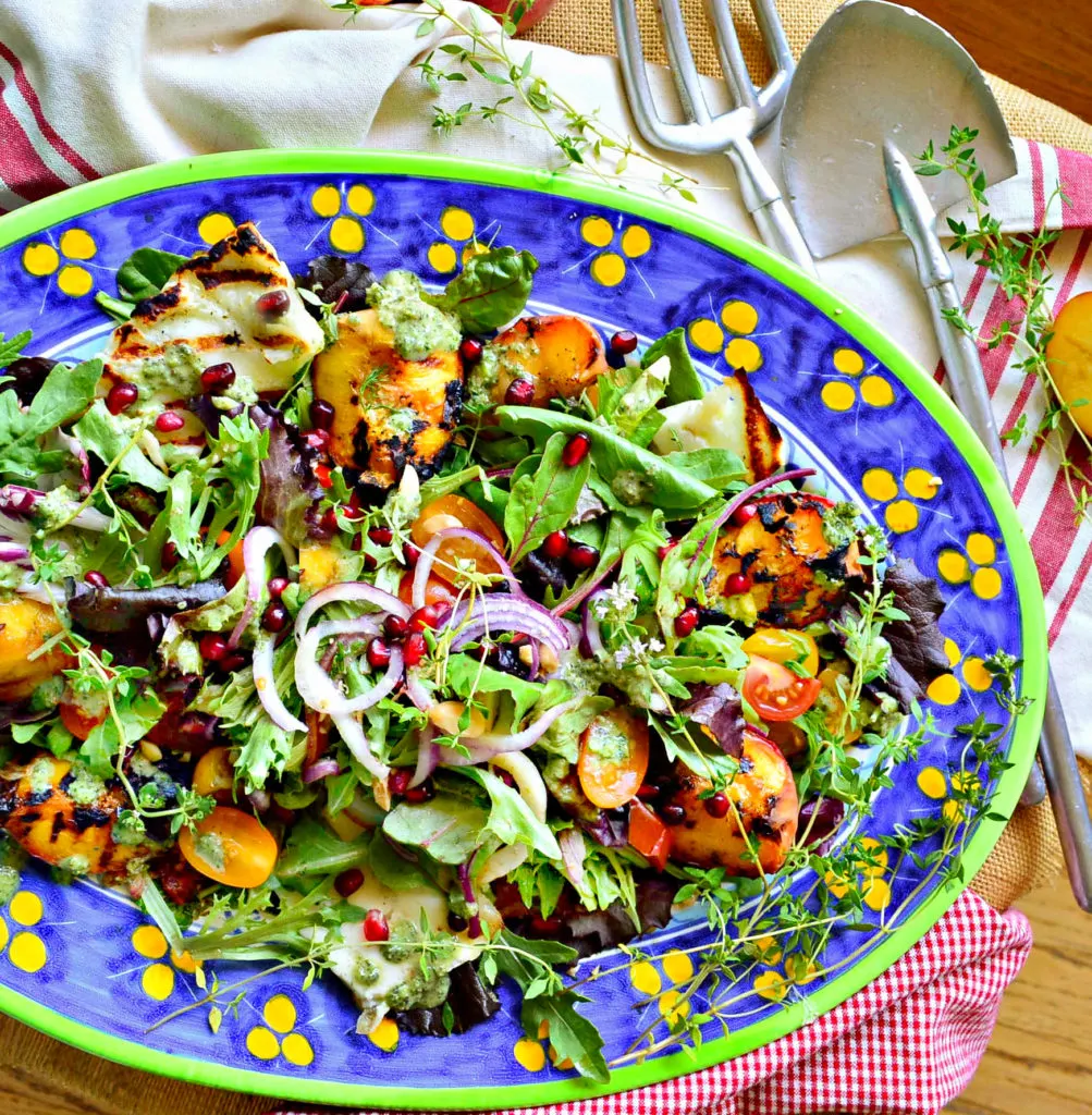 Grilled Peach and Halloumi Salad on pretty platter
