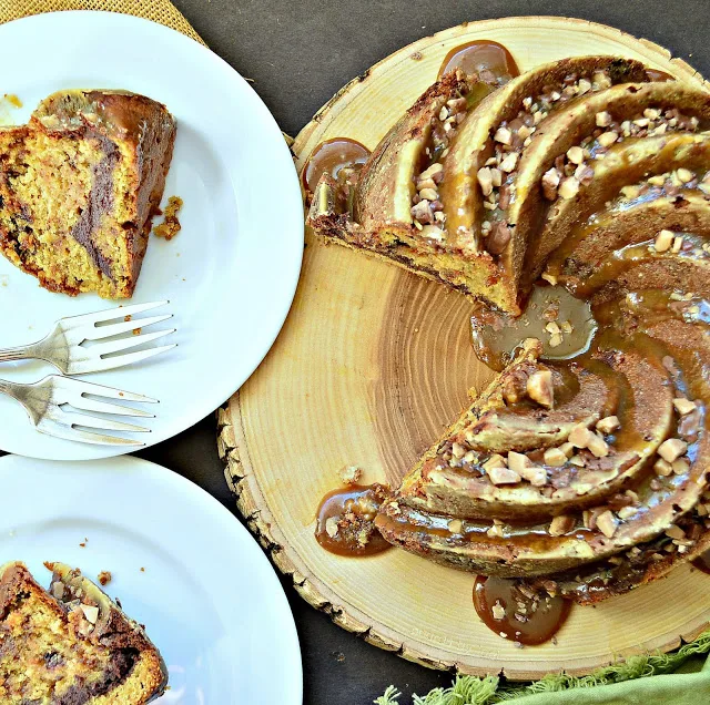 Bundt cake with fudge ripple and caramel glaze