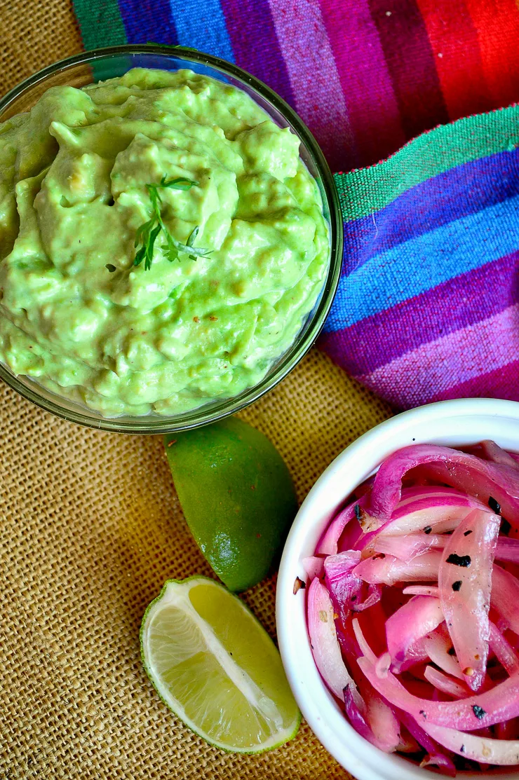 avocado sauce and pickled onions
