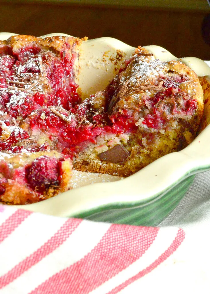 Summer Cake Slice in pie plate with raspberrie