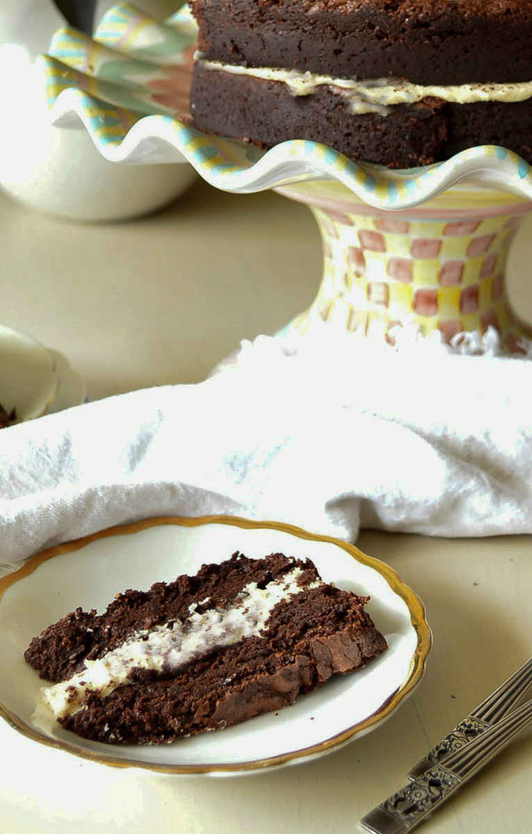 Chocolate Oreo Cake Sliced and on cake plate