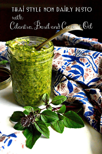 Coconut oil pesto with peanuts, basil and cilantro is  perfect for dousing noodle bowls or great as a sauce on chicken or fish. This new take on pesto has become my new addiction! #coconutoil #pesto #sauce See More at This is How I Cook.com