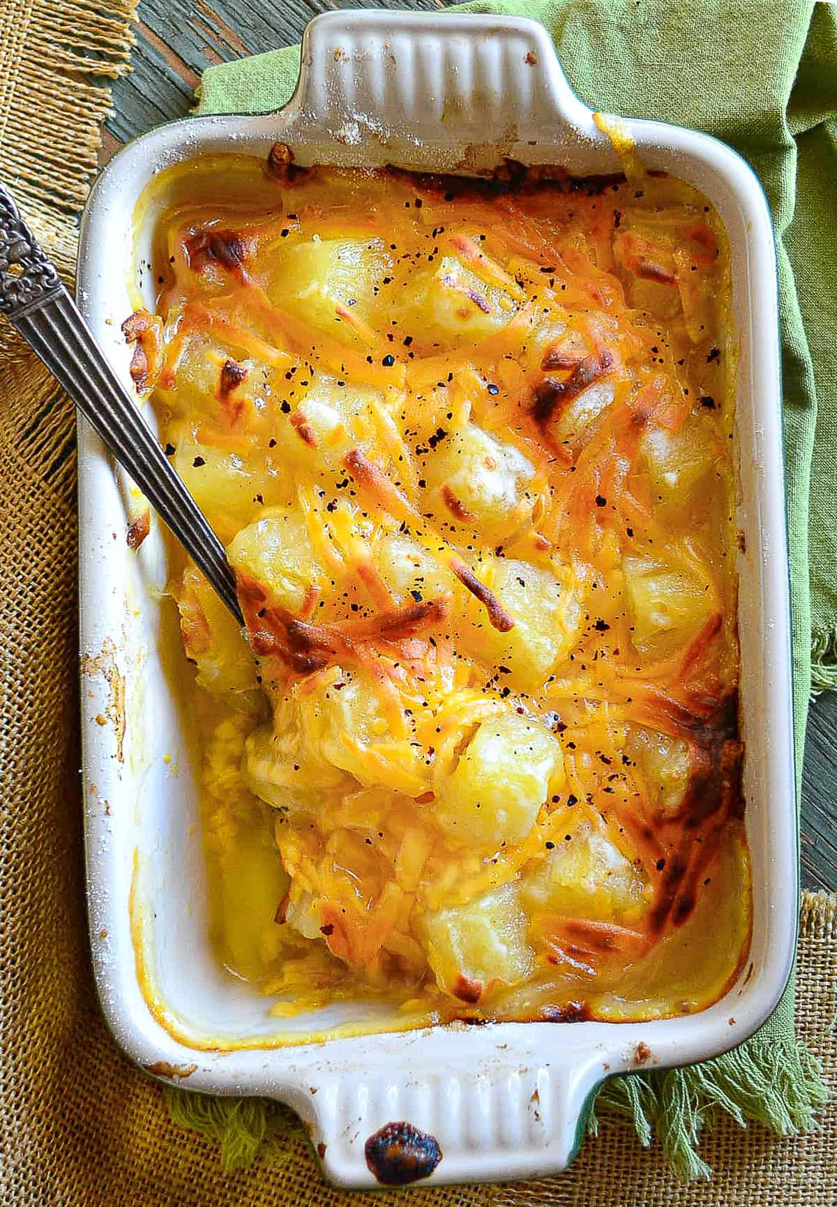 pineaapple casserole in rectangle baking dish