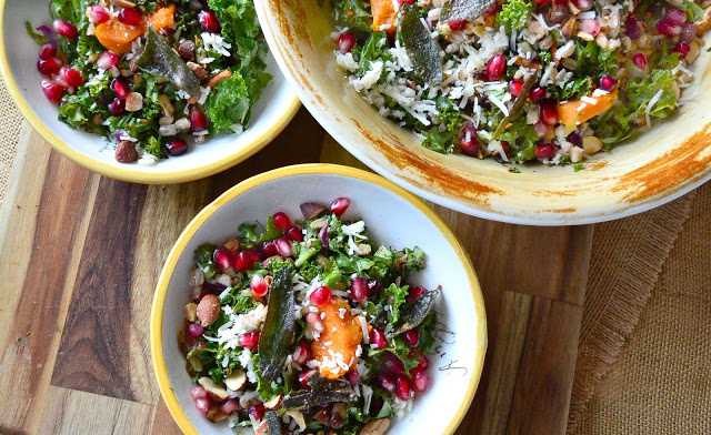 Farro salad recipe and kale salad with pomegranates.squash