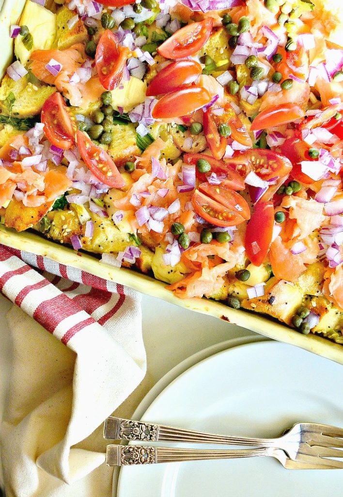 Overnight Breakfast Casserole with Lox and Bagels
