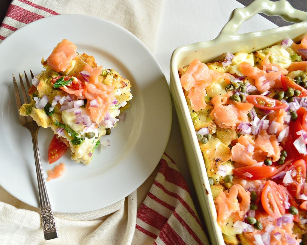 Overnight breakfast casserole with lox and bagels