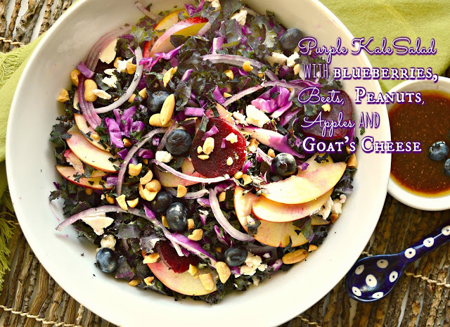 This purple kale salad with blueberries, apples, beets, peanuts and goat's cheese also has the most wonderful blueberry vinaigrette. Add some color to you life with this awesome salad! www.thisishowicook.com #salad #kale #blueberries