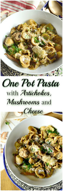 One Pot Pasta with Artichokes and Mushrooms and Cheese! Dinner on the table in under thirty! This great pasta dish will have everyone asking for seconds! And with mushrooms in there, no one will miss the meat! #pasta #mushrooms #oneskilletdinner #artichokes #dinnerunder thirty www.thisishowicook.com