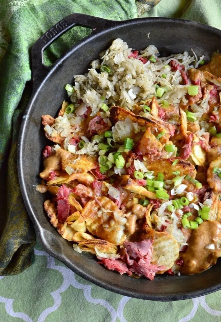 skillet, corned beef, potato chips, Irish nachos